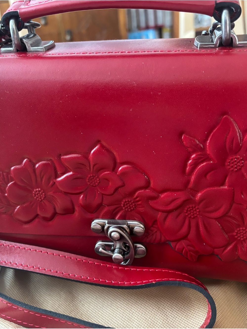 Patricia Nash Red Floral Embossed Satchel with Top Handle